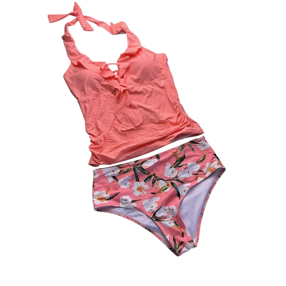 Beachsissi Womens Coral Pink Ruffle Halter Tankini Floral High Waist Set Size L